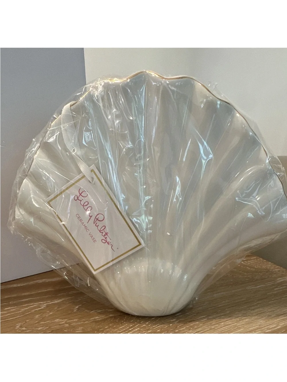 Lilly Pulitzer White Ceramic Shell Vase with Gold Trim